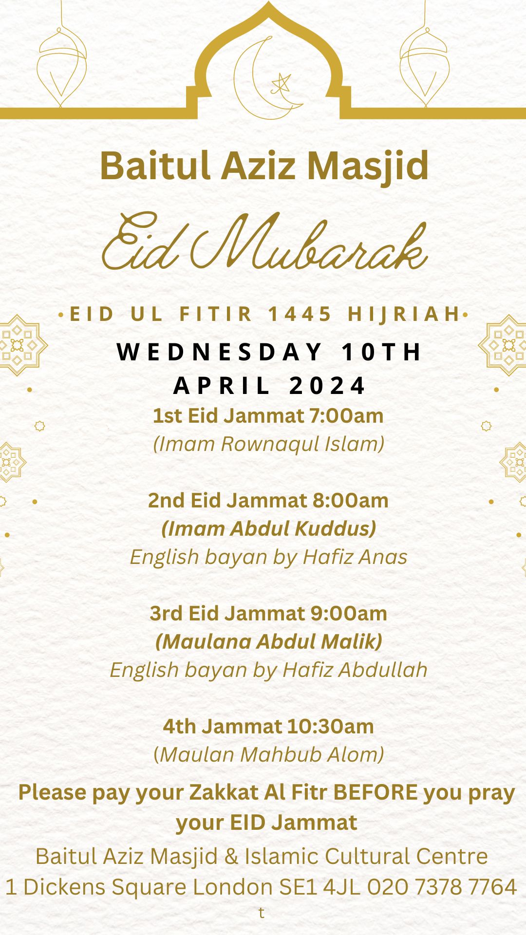 EID UL Fitir 1445 Wednesday 10th April 2024